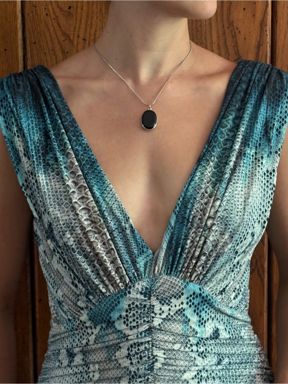 Roberto Cavalli Blue and Teal Snake-Print Evening Dress - Picture 2 of 11